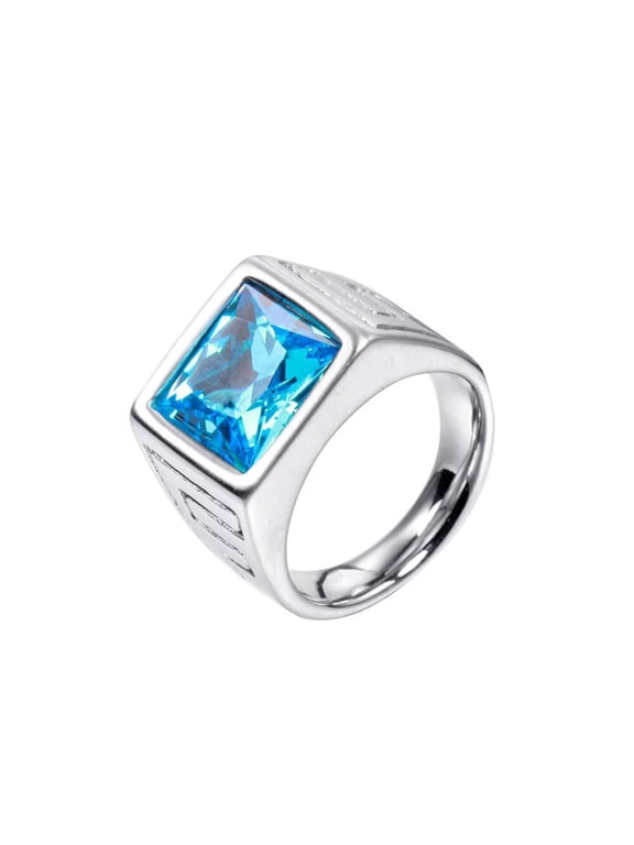 Men's Stainless Steel Vintage Square Agate Gemstone Ring High Polished Silver Side,Light Blue Size 11