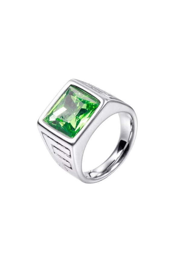 Men's Stainless Steel Vintage Square Agate Gemstone Ring High Polished Silver Side,Light Green Size 10