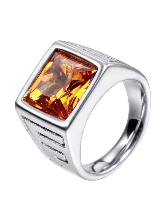 Men's Stainless Steel Vintage Square Agate Gemstone Ring High Polished Silver Side,Yellow Size 11