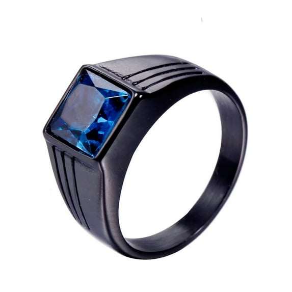 PAURO Men's Stainless Steel Vintage Square Agate Stone Signet Ring Black Plated, Blue Stone Size 13