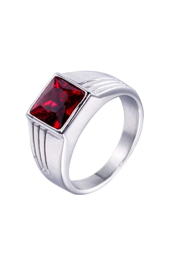 Men's Stainless Steel Vintage Square Agate Stone Signet Ring Silver Plated, Red Stone Size 7