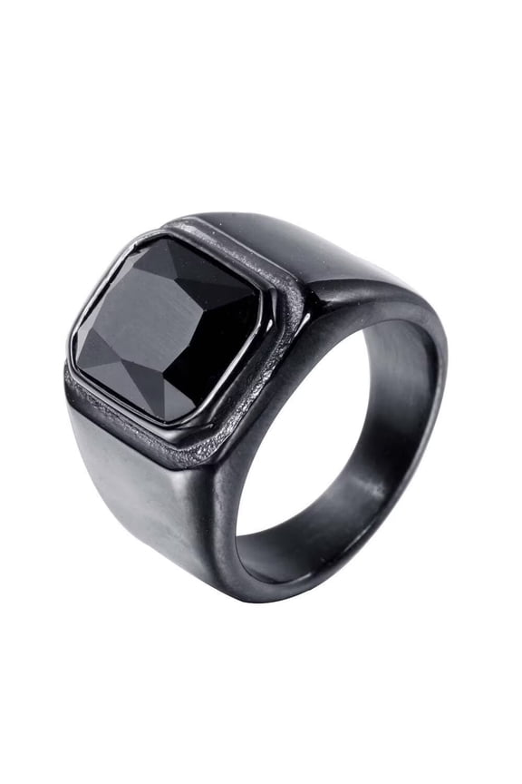 Men's Stainless Steel Vintage Square Gemstone Ring Black Plated Side, Black Stone Size 13