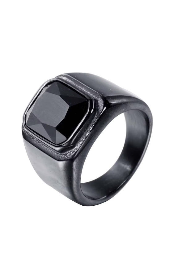 Men's Stainless Steel Vintage Square Gemstone Ring Black Plated Side, Black Stone Size 14