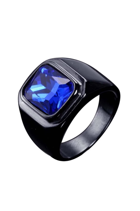 Men's Stainless Steel Vintage Square Gemstone Ring Black Plated Side, Blue Stone Size 11