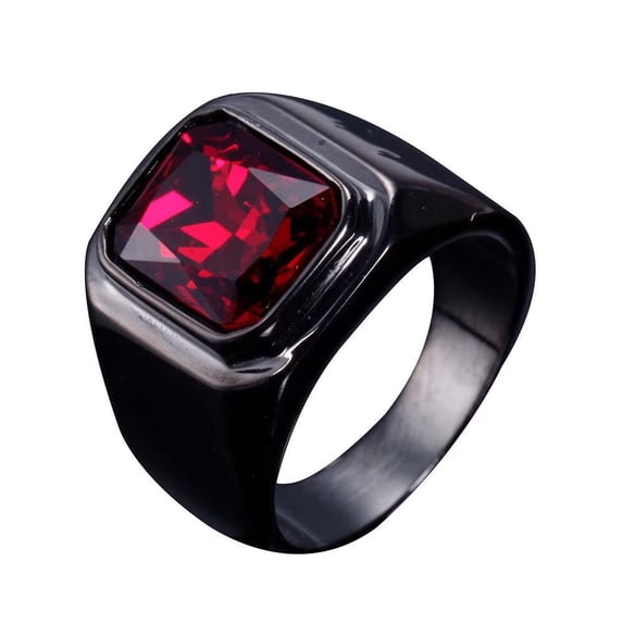 PAURO Men's Stainless Steel Vintage Square Gemstone Ring Black Plated Side, Red Stone Size 12