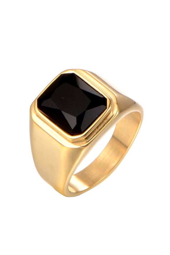 Men's Stainless Steel Vintage Square Gemstone Ring Gold Plated Side, Black Stone Size 14