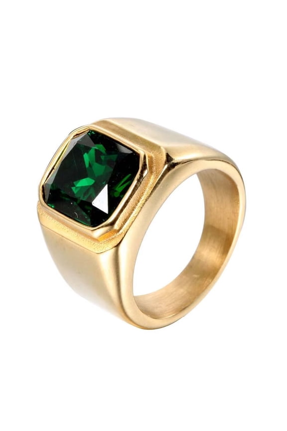 Men's Stainless Steel Vintage Square Gemstone Ring Gold Plated Side, Green Stone Size 9