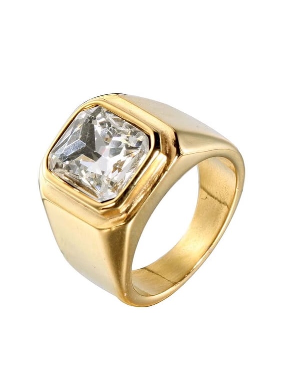 Men's Stainless Steel Vintage Square Gemstone Ring Gold Plated Side, White Stone Size 12