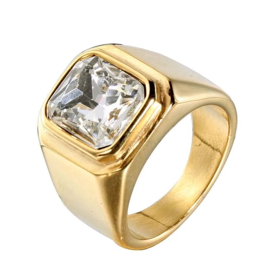 PAURO Men's Stainless Steel Vintage Square Gemstone Ring Gold Plated Side, White Stone Size 8