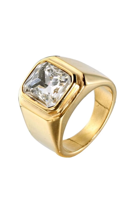 Men's Stainless Steel Vintage Square Gemstone Ring Gold Plated Side, White Stone Size 8