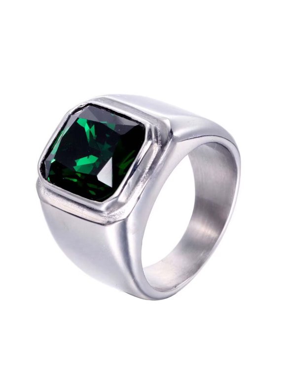 Men's Stainless Steel Vintage Square Gemstone Ring Silver Plated Side, Green Stone Size 8