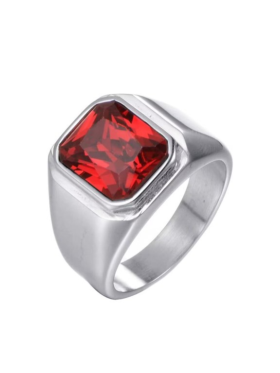 Men's Stainless Steel Vintage Square Gemstone Ring Silver Plated Side, Red Stone Size 12
