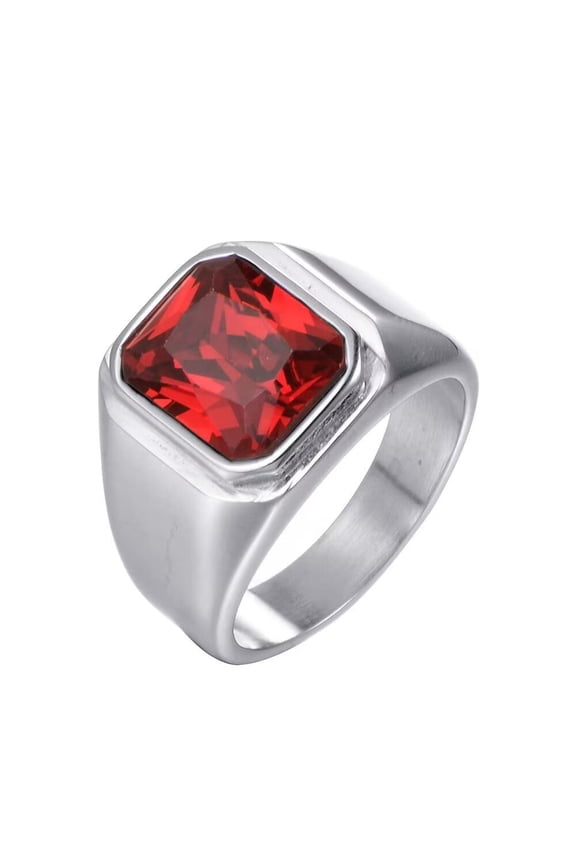 Men's Stainless Steel Vintage Square Gemstone Ring Silver Plated Side, Red Stone Size 15