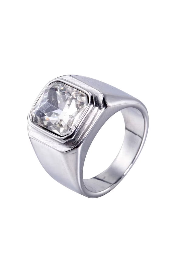 Men's Stainless Steel Vintage Square Gemstone Ring Silver Plated Side, White Stone Size 14