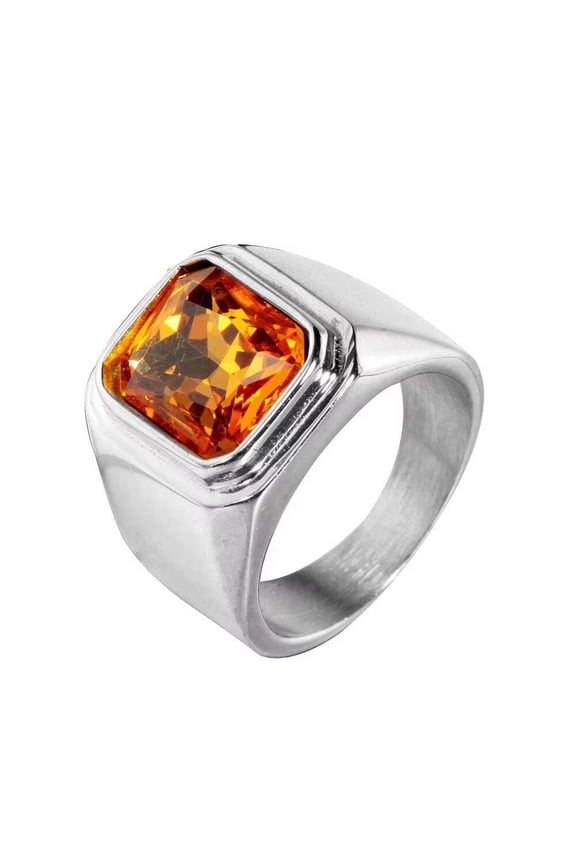 Men's Stainless Steel Vintage Square Gemstone Ring Silver Plated Side, Yellow Stone Size 14
