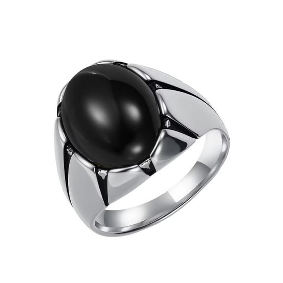 PAURO Men's Stainless Steel Vintage Tiger Eye Oval Egg Simple Personality Ring Silver Black Stone Size 11
