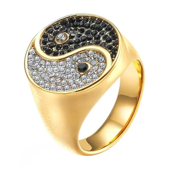 PAURO Men's Stainless Steel Yin Yang Tai Chi Gossip Ring with Silver & Black Cubic Zirconia for Cocktail Party Gold Size 9