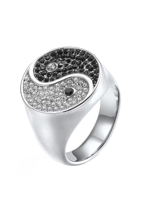 Men's Stainless Steel Yin Yang Tai Chi Gossip Ring with Silver & Black Cubic Zirconia for Cocktail Party Silver Size 11