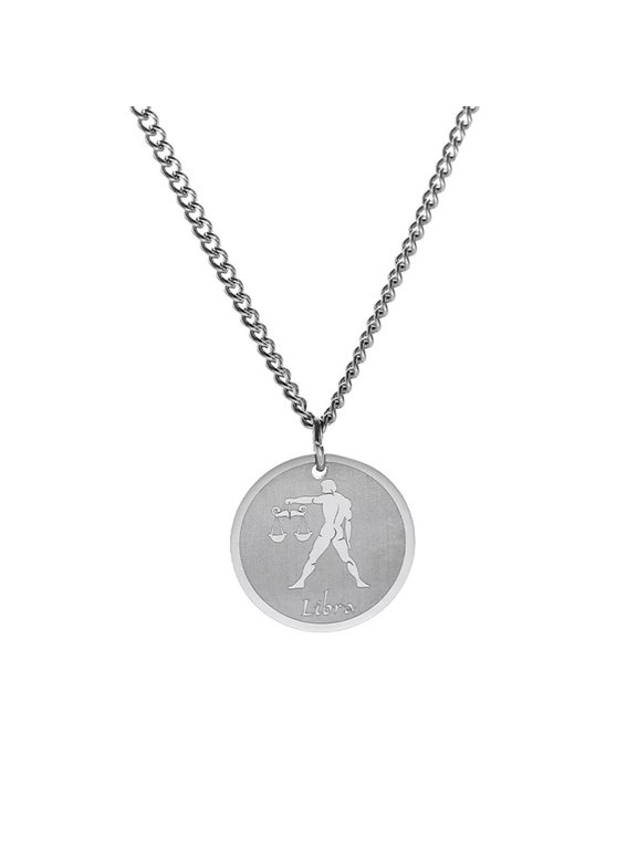 Men's Stainless Steel Zodiac Constellation Round Coin Pendant Charm Astrology Amulet Necklace Libra