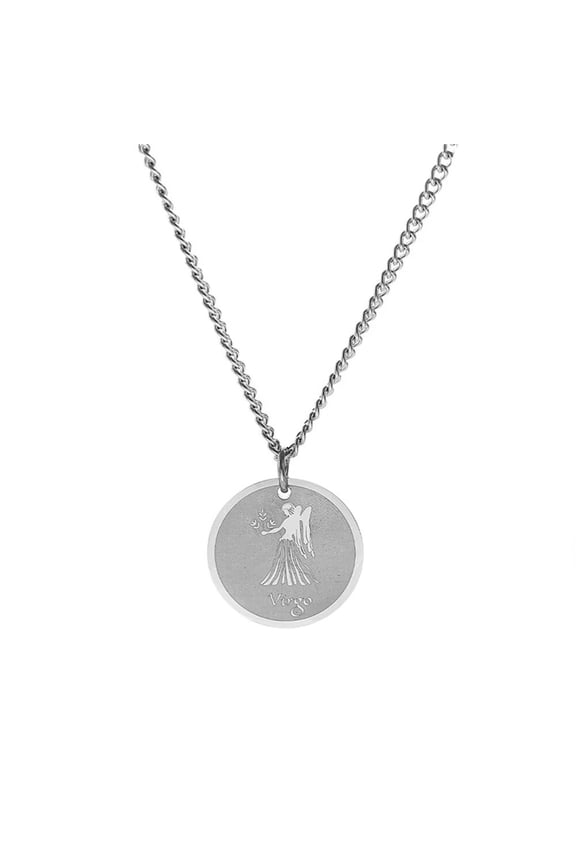 Men's Stainless Steel Zodiac Constellation Round Coin Pendant Charm Astrology Amulet Necklace Virgo