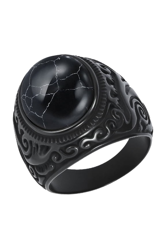 Men's Vintage Carved Gemstone Ring Stainless Steel Signet Band Retro Statement Jewelry for Him Black Size 13