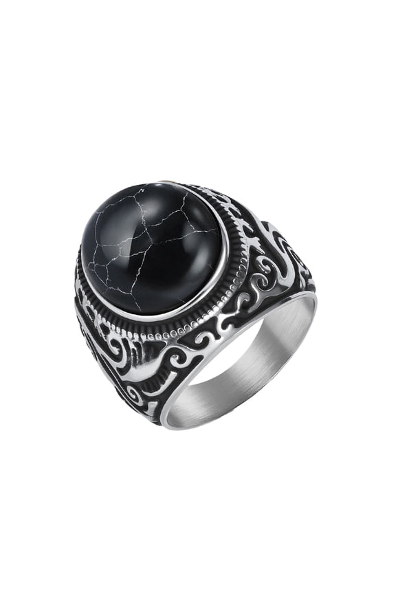 Men's Vintage Carved Gemstone Ring Stainless Steel Signet Band Retro Statement Jewelry for Him Silver Black Size 13