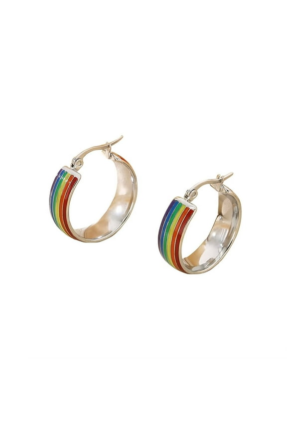 Men's Women's Stainless Steel Hoop Colorful LGBT Rainbow Striped Chunky Earrings Silver