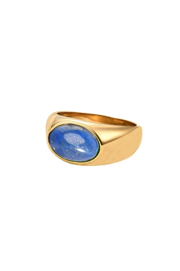 Men's Women's Stainless Steel Minimalist Retro Oval Agate Signet Rings Statement Jewelry Gold Blue Size 10