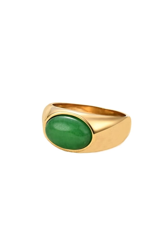 Men's Women's Stainless Steel Minimalist Retro Oval Agate Signet Rings Statement Jewelry Gold Green Size 7