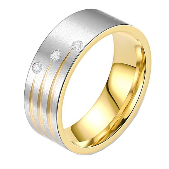PAURO Men's Women's Stainless Steel Rings 8mm with Three Zirconia Promise Ring Wedding Band for Couples Gold Size 6