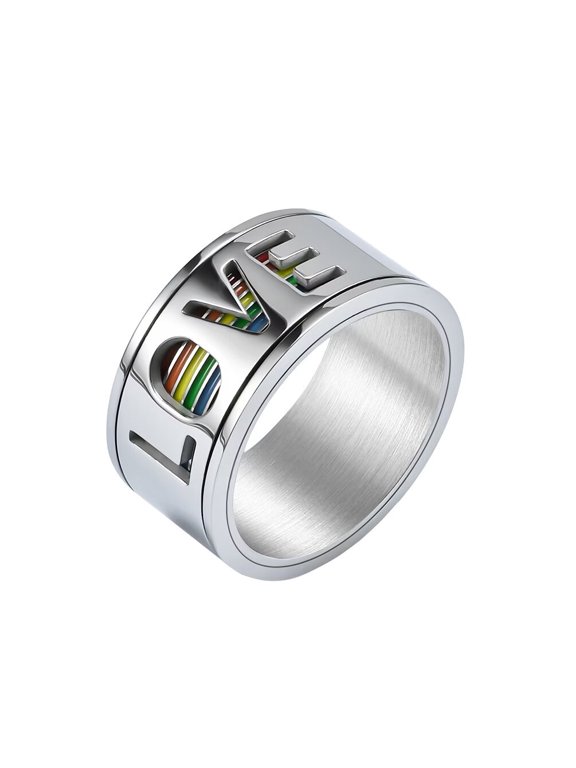 Men's Women's Stainless Steel Rotating LGBT LOVE Rainbow Two Layer Adjustable Ring Silver Size 07