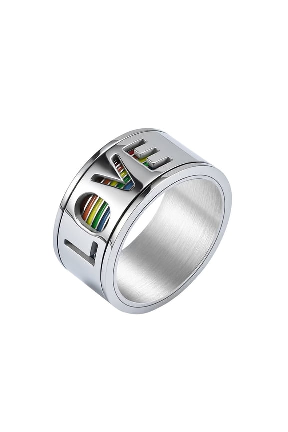 Men's Women's Stainless Steel Rotating LGBT LOVE Rainbow Two Layer Adjustable Ring Silver Size 08