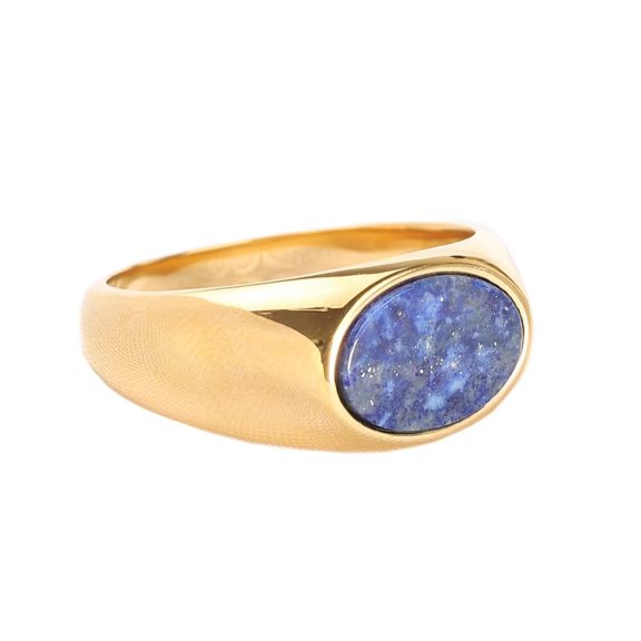 PAURO Men's Women's Stainless Steel Vintage Personalized Oval Dark Blue Gemstone High Polish Wedding Ring Gold Size 7