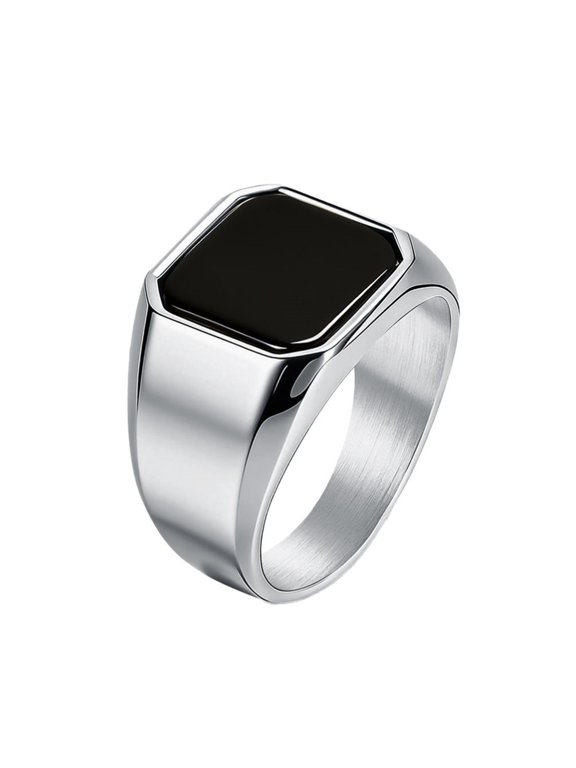 Mens Stainless Steel Square Gemstone Signet Ring Setting with Black Onyx Classic Wedding Band Rings Gift Silver Size 12