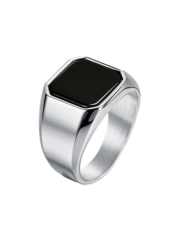 Mens Stainless Steel Square Gemstone Signet Ring Setting with Black Onyx Classic Wedding Band Rings Gift Silver Size 8