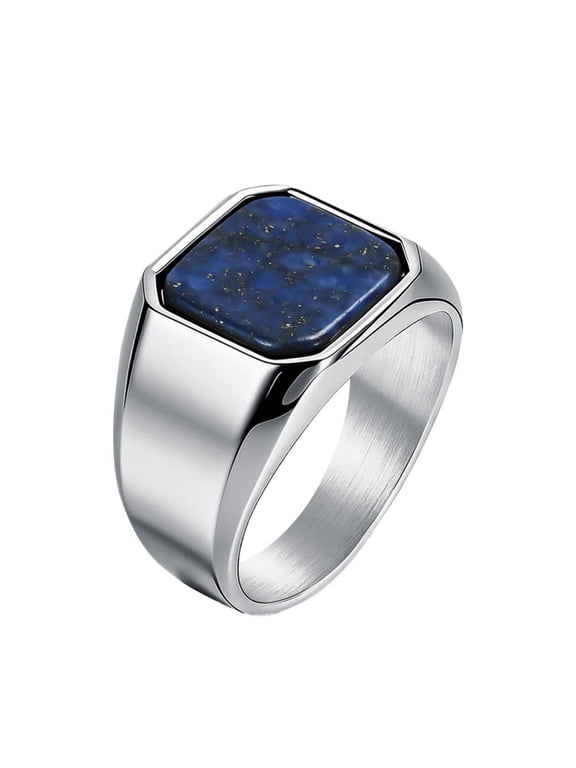 Mens Stainless Steel Square Gemstone Signet Ring Setting with Blue Stone Classic Wedding Band Rings Gift Silver Size 12
