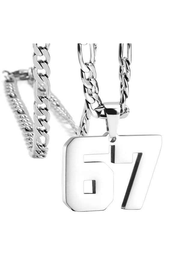 Number 67 Necklace for Men Women Black Silver Rose Gold Plated Digital Pendant Stainless Steel Chain Statement Simple Personalised Cool Jewellery Silver