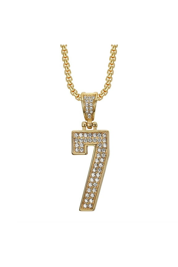 Number 7 Necklace for Men Long Chain Gold/Silver Plated Stainless Steel Cubic Zirconia Dainty Personalized Pendant Statement Jewelry Gold 7 With Chain