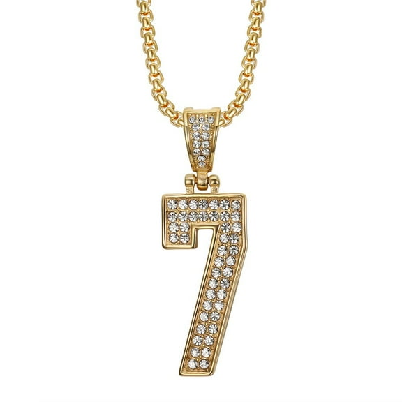PAURO Number 7 Necklace for Men Long Chain Gold/Silver Plated Stainless Steel Cubic Zirconia Dainty Personalized Pendant Statement Jewelry Gold 7 With Chain