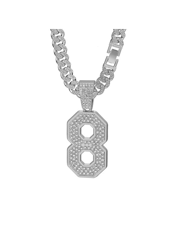 Number 8 Necklace for Men Long Cuban Chain Gold/Silver Plated Stainless Steel Cubic Zirconia Dainty Personalized Pendant Statement Jewelry Silver 8 With Chain