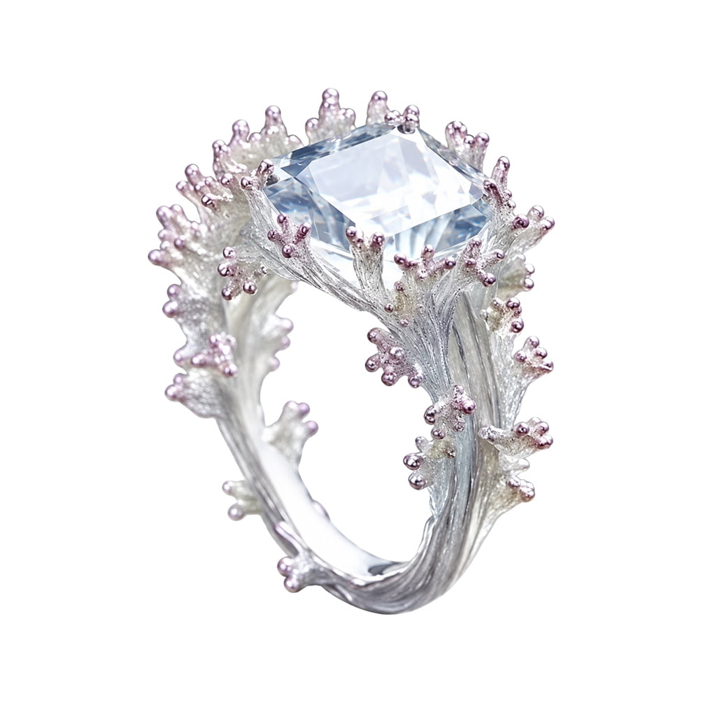 Unique Ocean PAURO Ocean Coral Rings for Women Square Cubic Zirconia Whimsical Fairy ...