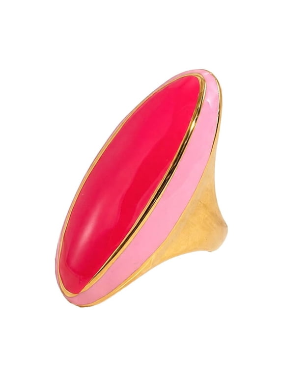 Oval Enamel Eternity Rings for Women Stainless Steel Pink Alternative Costume Vintage Gold Plated Big Chunky Dainty Unique Gift Personalized Statement Jewelry Size 7