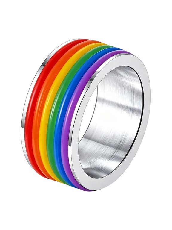 Rainbow Rings for Men Pride Love is Love LGBTQ Stainless Steel 9mm Band Wide Unisex Enamel Colorful Simple Gay Lesbian Bisexual Transgender Personalized Gift Jewelry Silver Plated Size13