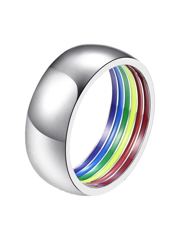 Rainbow Rings for Men Women 8mm Pride LGBTQ Transgender Simple Band Stainless Steel Colorful Unisex Love is Love Gay Lesbian Personalized Jewelry Silver Plated Size 10