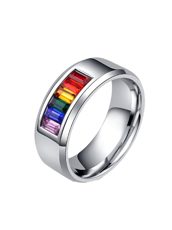 Rainbow Rings for Men Women Pride Love is Love LGBTQ Colorful Band Gemstone 8mm Wide Stainless Steel Gay Lesbian Bisexual Transgender Gift Jewelry Silver Plated Size 8