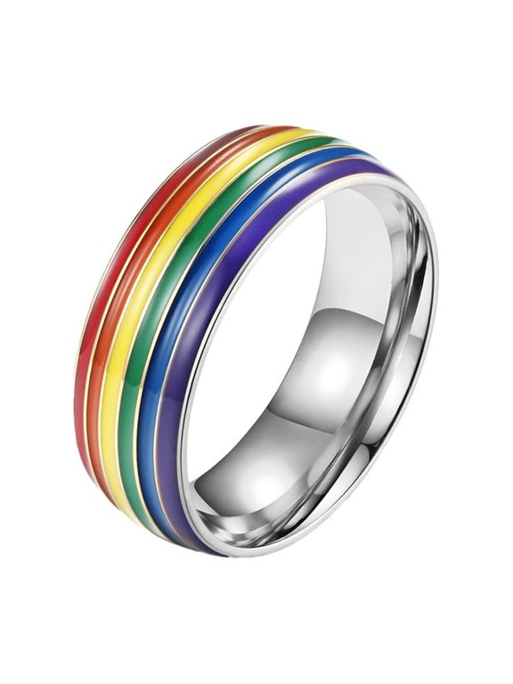 Rainbow Rings for Women Men Pride Stainless Steel Silver Black Gold Plated 8mm LGBTQ Unique Couple Band Personalized Gifts Jewelry Silver 12
