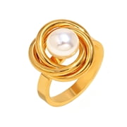 PAURO Rings for Women Imitation Pearl Gold Plated Stainless Steel Personalized Statement Dainty Elegant Vintage Jewelry Gold Size 6