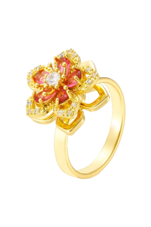 Rotating Rings for Women Flower Floral Stainless Steel Cubic Zirconia Adjustable Open Gold Plated Personalized Statement Dainty Elegance CZ Jewelry Red
