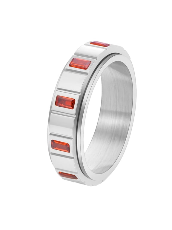 Stainless Steel Rotating Ring for Women Rectangle Cut Cubic Zirconia Eternity Band with Spinner Function Silver Red Size 10