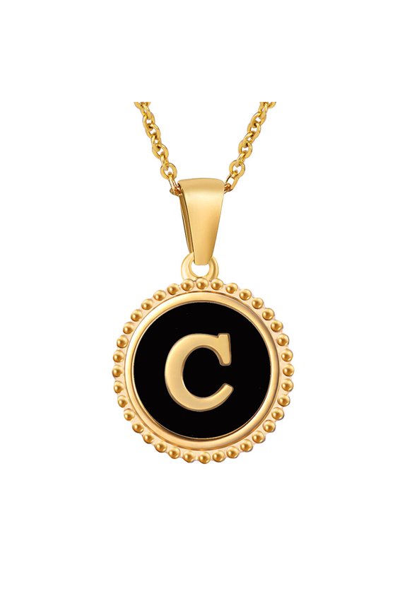 Shell Initial Necklace for Women Letter A-Z Circle Pendant Chain Colorful Gold Plated Stainless Steel Simple Dainty Personalized Delicate Stacking Jewelry Black Letter C